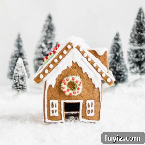 DIY Gingerbread Houses: Step-by-Step Guide for Festive Creations 11 Front view of gingerbread house with a wreath above the door and trees in the background.