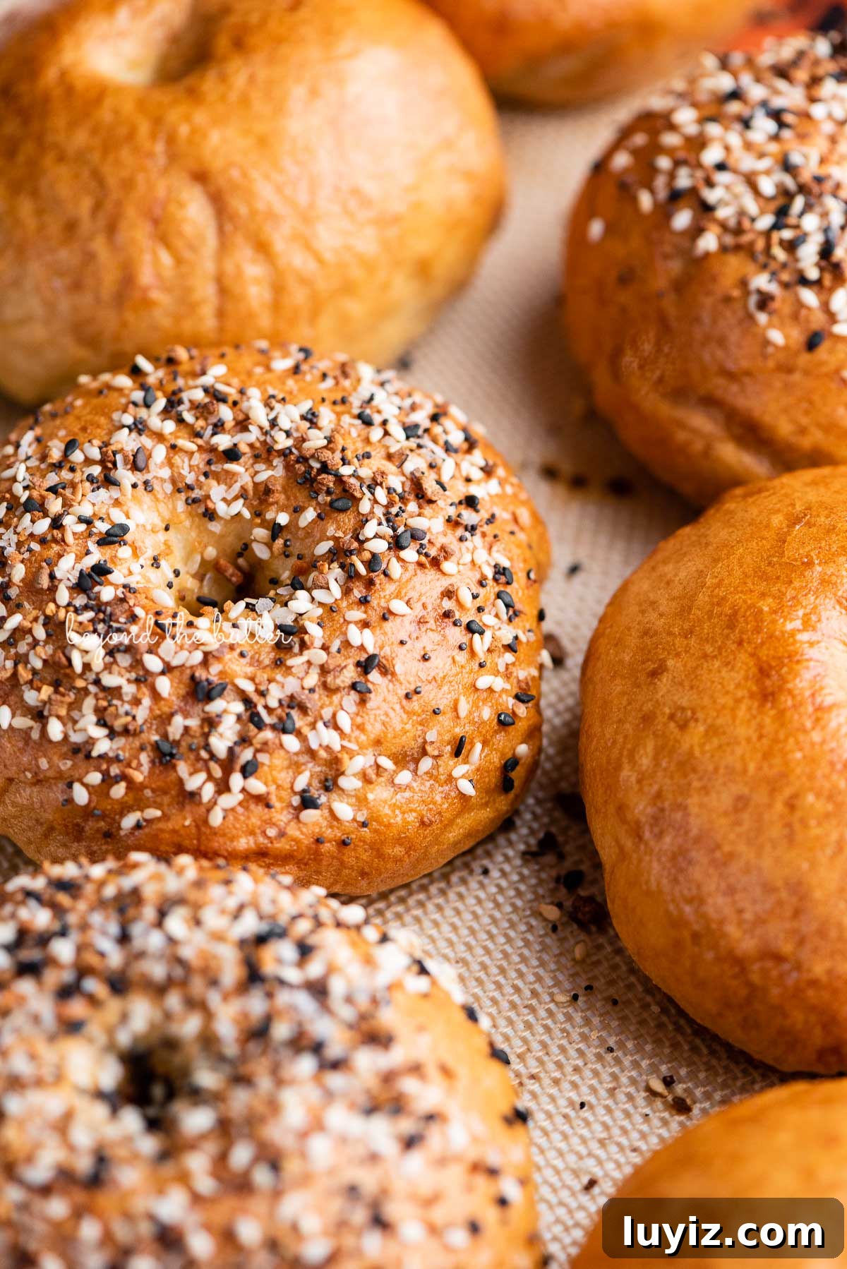 Homemade Bagel Recipe: How to Make Soft, Chewy Bagels at Home 2 Silicone mat lined baking sheet with just baked homemade bagels | © Beyond the Butter®