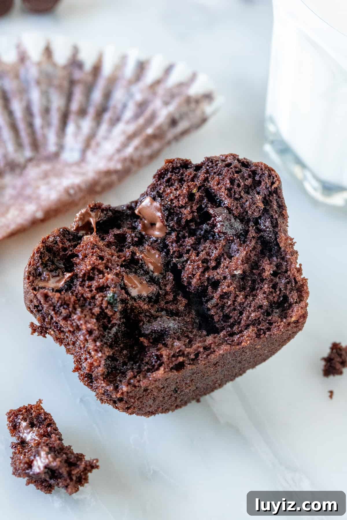 Chocolate Zucchini Muffins with Cocoa and Dark Chocolate Chunks 6 Half of a chocolate muffin with a glass of milk
