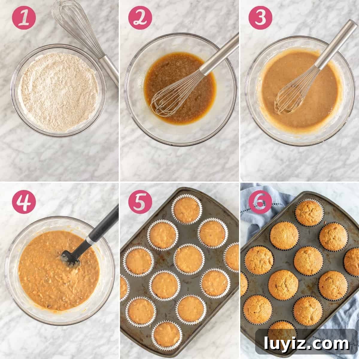 Moist Carrot Cake Muffins with Cream Cheese Frosting 4 6 photos showing steps for making carrot muffins