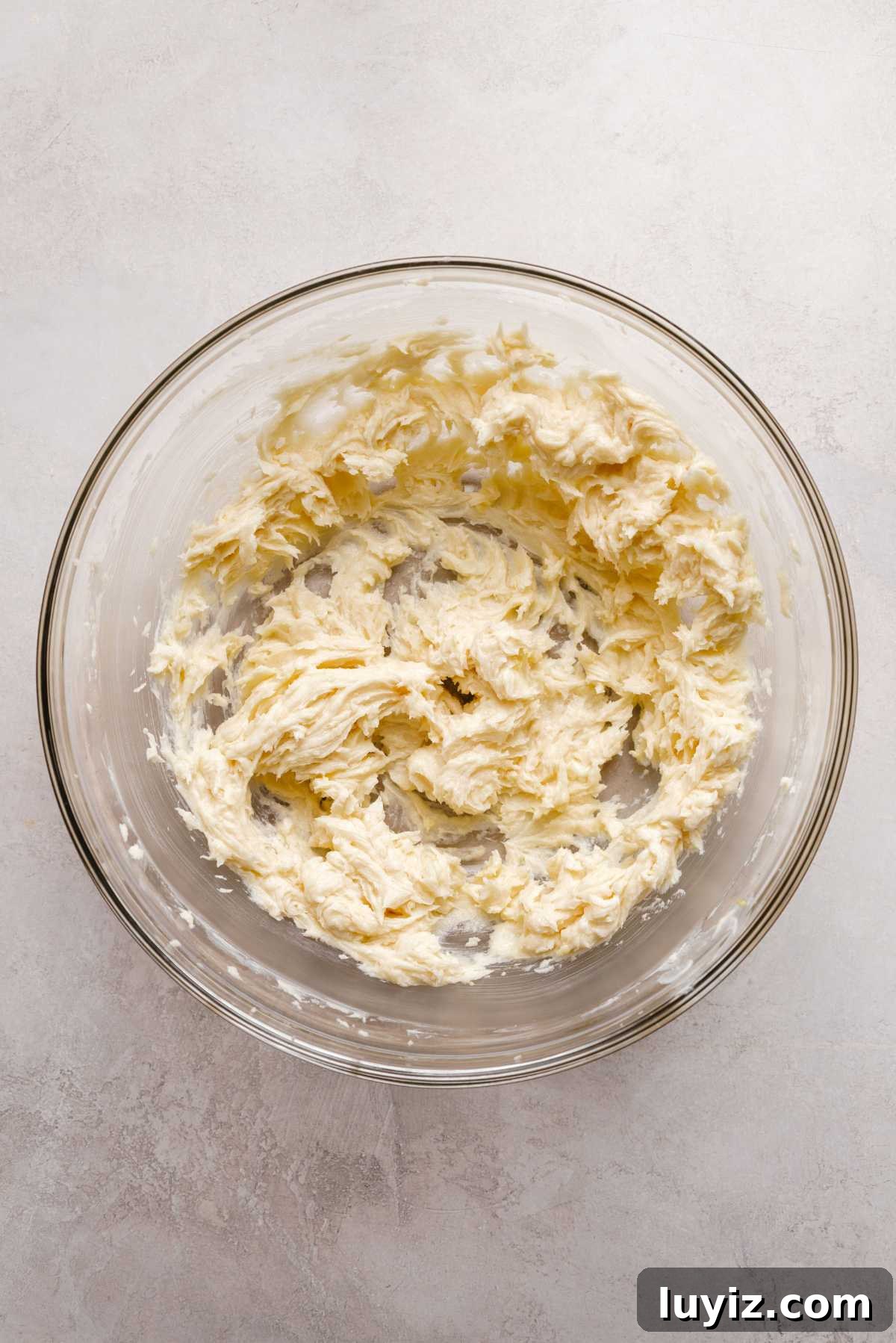 Zesty Lemon Shortbread Cookies: Crispy, Buttery Citrus Treats 7 Whisked unsalted butter, granulated sugar, light brown sugar, lemon zest, lemon juice, and vanilla extract in a large glass mixing bowl on a grey marbled background.