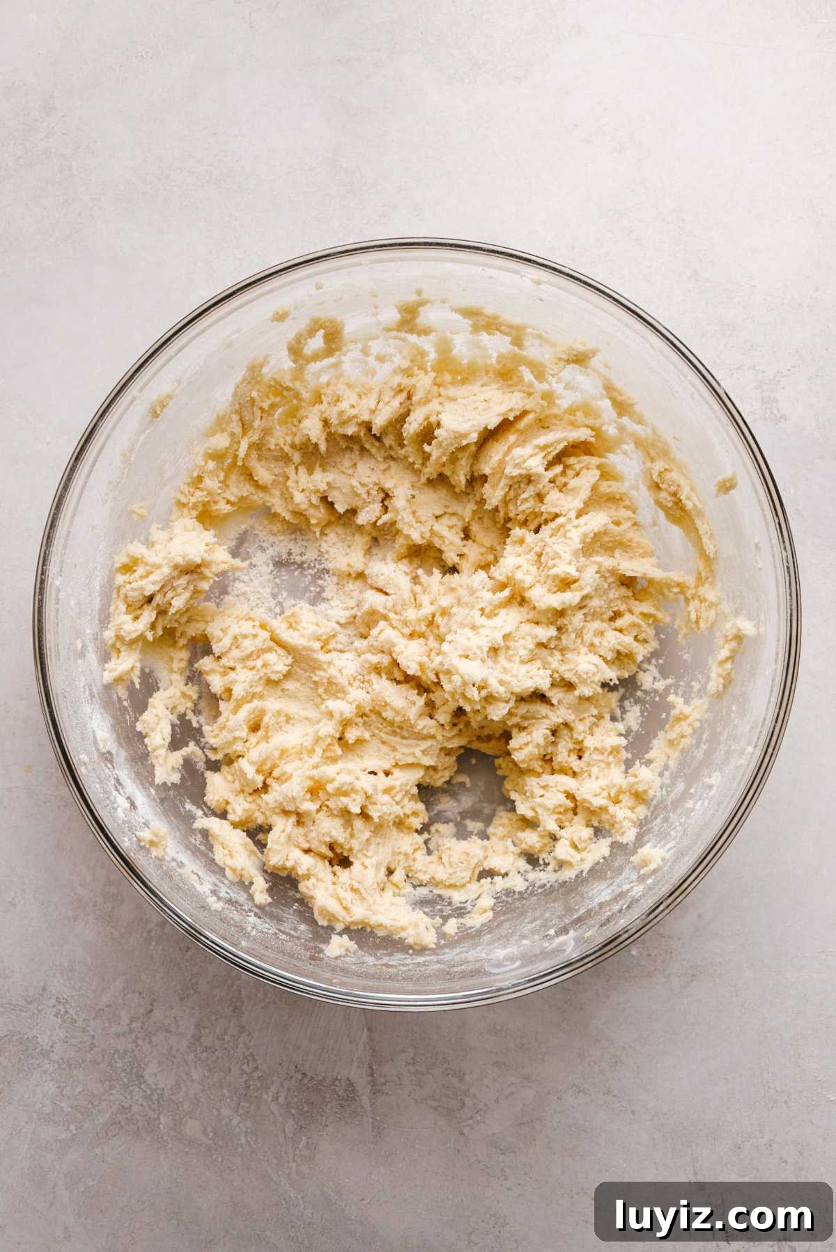 Zesty Lemon Shortbread Cookies: Crispy, Buttery Citrus Treats 8 Wet and dry lemon shortbread cookie ingredients mixed together in a large glass bowl on a grey marbled background.