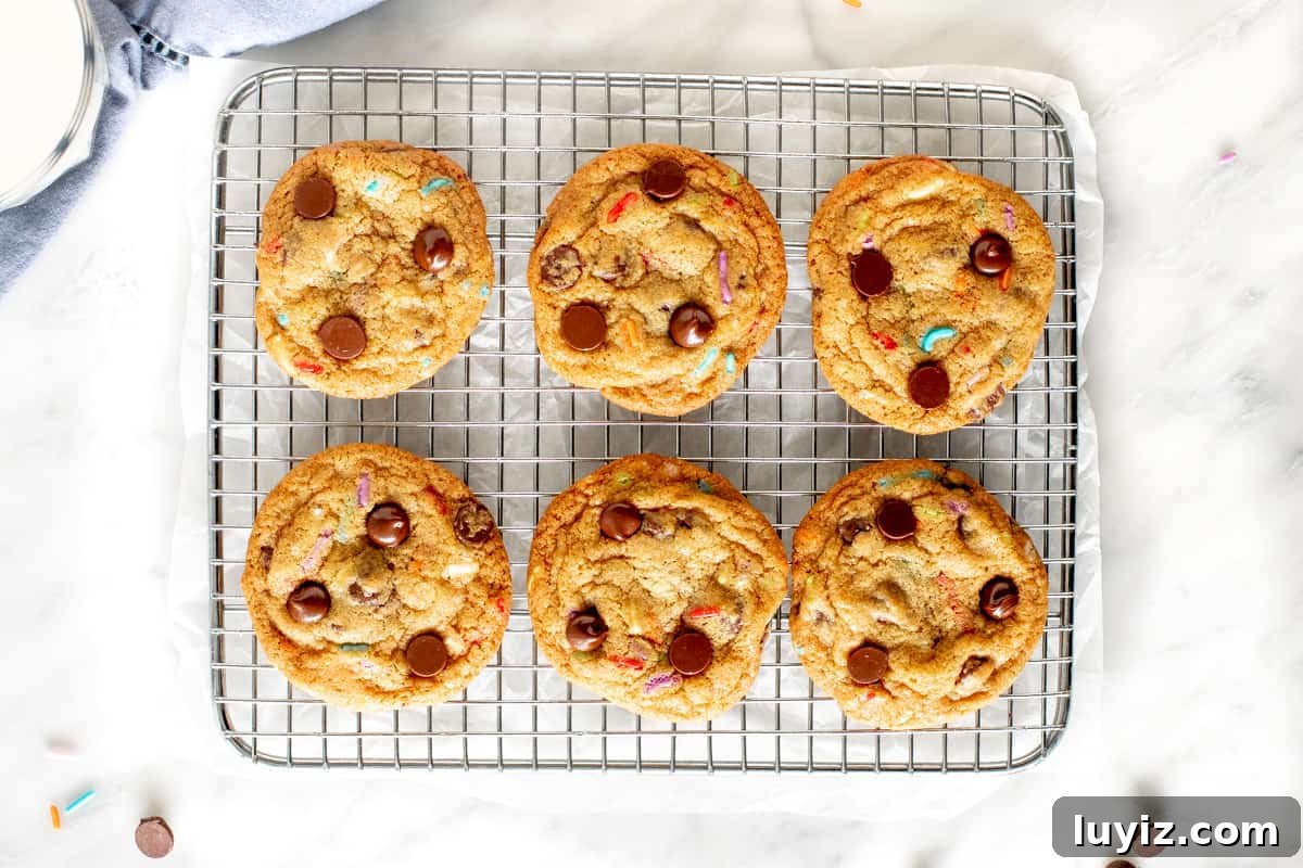 Sprinkled Chocolate Chip Cookies: Soft, Chewy, and Irresistible 3 Cooling rack of 6 cookies