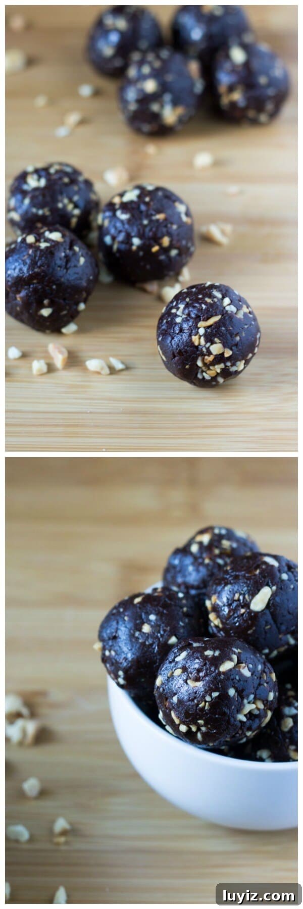 Peanut Butter Chocolate Energy Bites Recipe for Lasting Fuel 3 Bite-sized Peanut Butter Chocolate Energy Bites. 4 ingredients, grain free, dairy free, naturally sweetened & vegan - satisfy your chocolate & peanut butter cravings with this delicious snack!