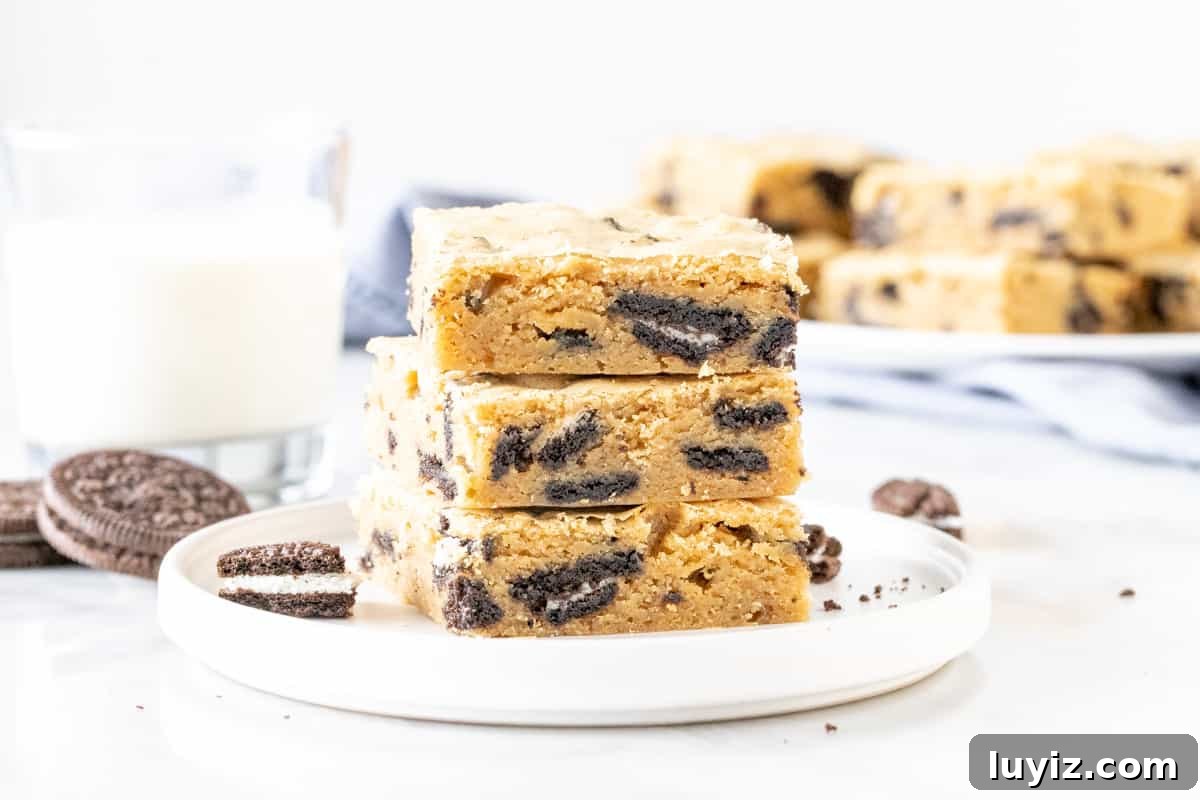 Oreo Blondie Recipe: Chewy, Creamy Cookies-and-Cream Bars 3 Stack of 3 Oreo blondies