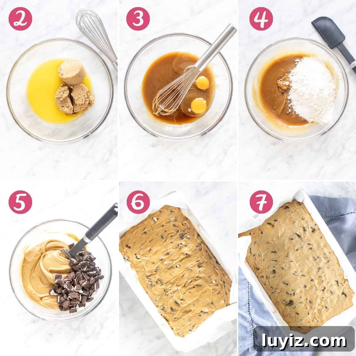 Oreo Blondie Recipe: Chewy, Creamy Cookies-and-Cream Bars 5 Collage of step by step photos of making cookies and cream blondies