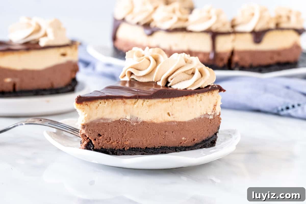Decadent Mocha Cheesecake Recipe for Coffee Lovers 3 Slice of layered mocha cheesecake on a plate
