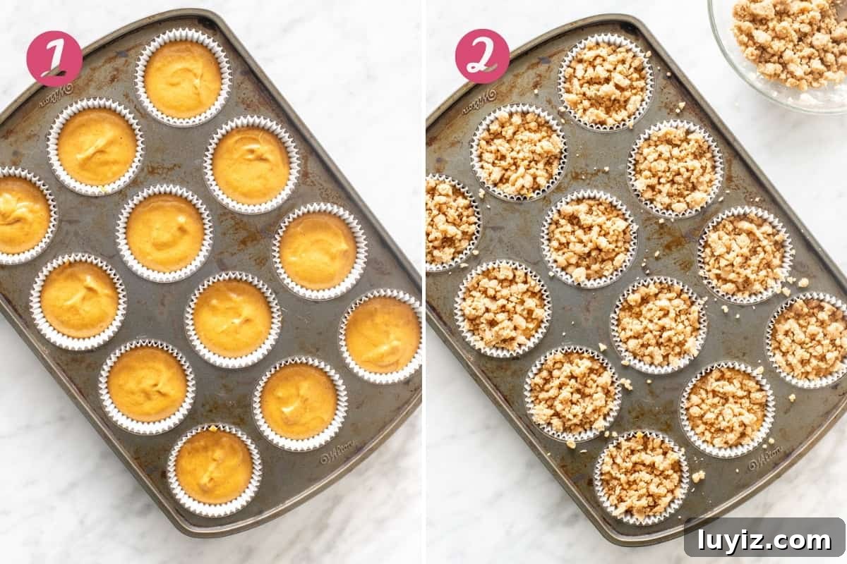 Pumpkin Streusel Muffins Recipe with Cinnamon Crunch Topping 5 Collage of 2 muffin pans with batter