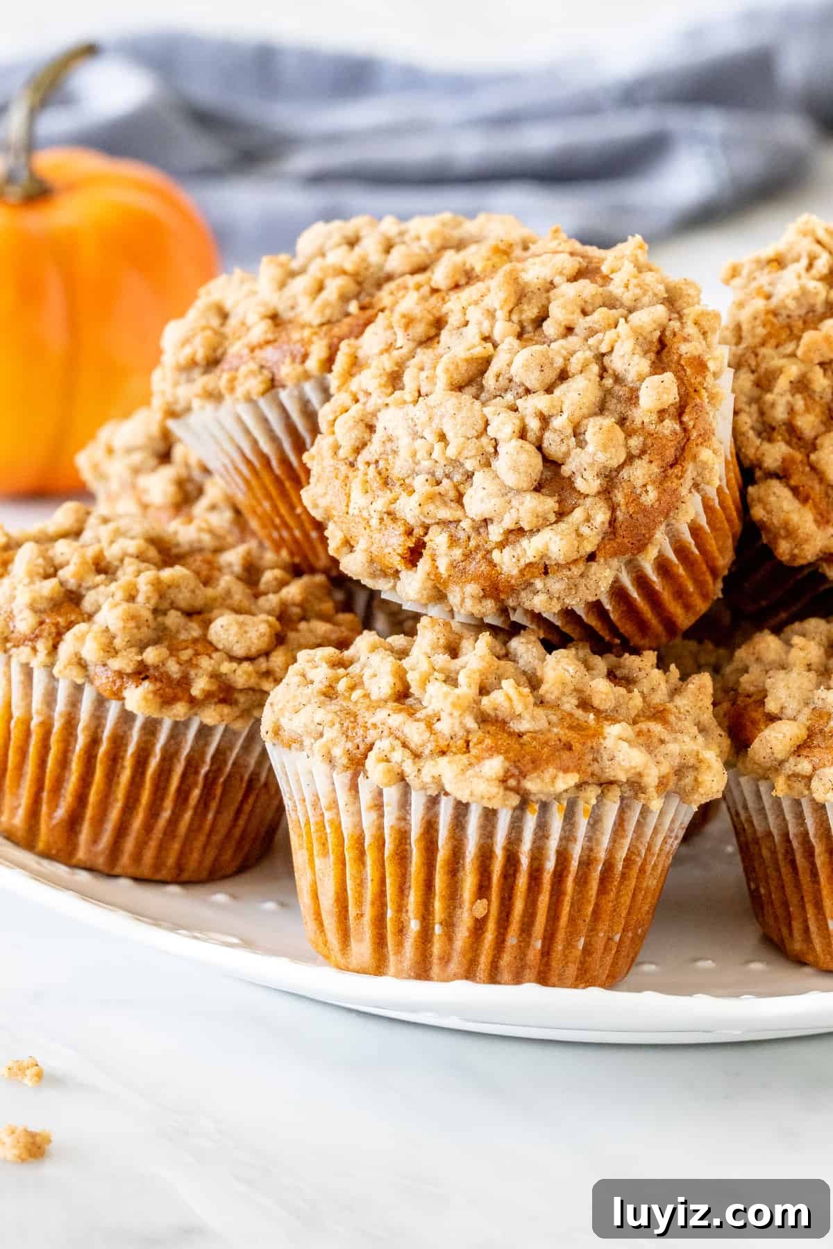 Pumpkin Streusel Muffins Recipe with Cinnamon Crunch Topping 6 Plate of pumpkin muffins with streusel topping.