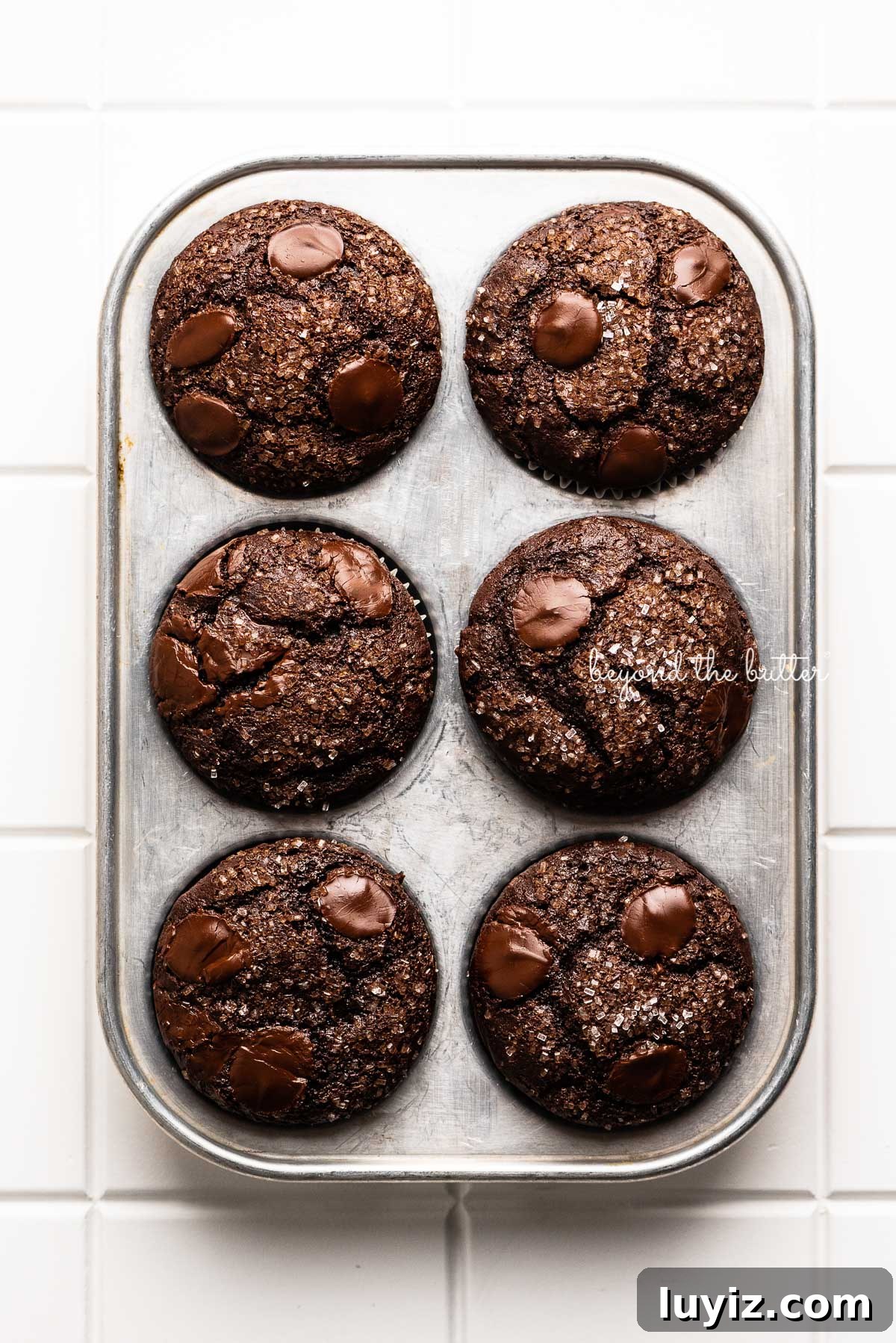 Ultimate Double Chocolate Muffins Recipe – Moist & Fudgy 5 Double chocolate chip muffins in vintage muffin tin on white tiled background | © Beyond the Butter®