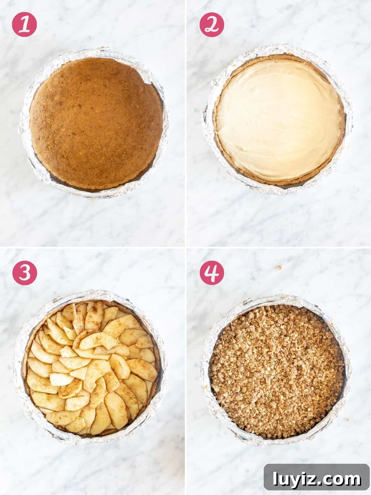 Apple Crisp Cheesecake Recipe with Cinnamon Streusel Topping 4 Collage of 4 photos of assembling apple crisp cheesecake
