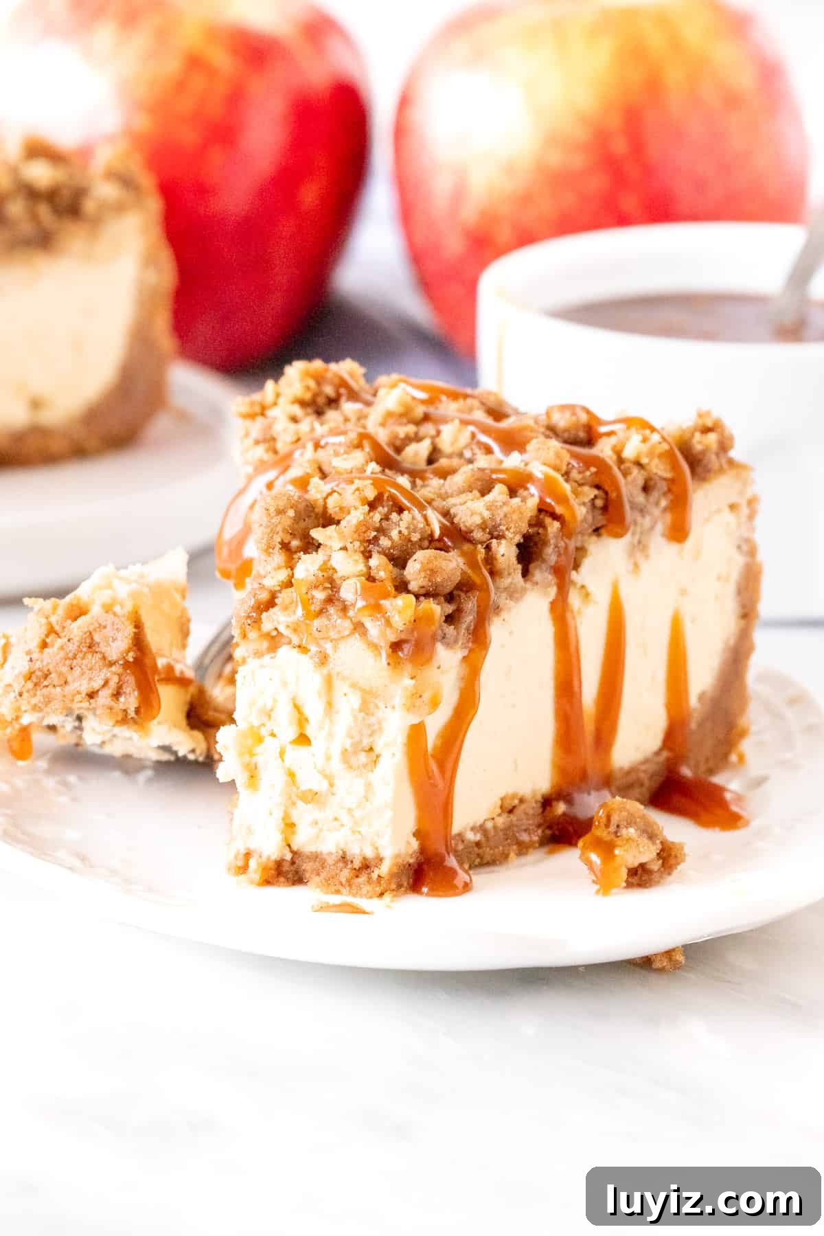 Apple Crisp Cheesecake Recipe with Cinnamon Streusel Topping 6 Slice of caramel apple crumble cheesecake with a bite taken out
