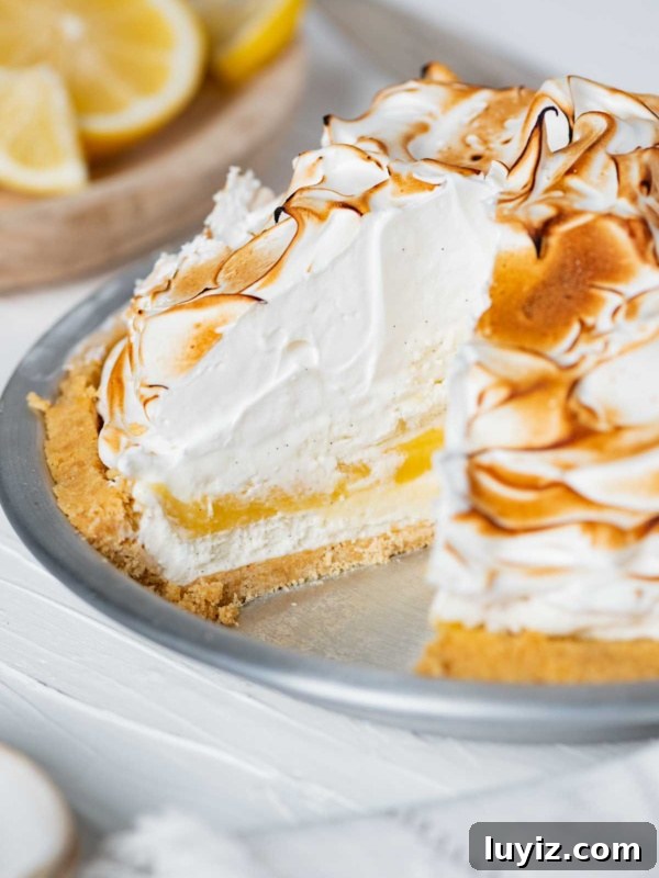 Mini Lemon Meringue Tartlets: Light, Zesty Dessert Recipe 12 Lemon Meringue Ice Cream Pie with slice removed.