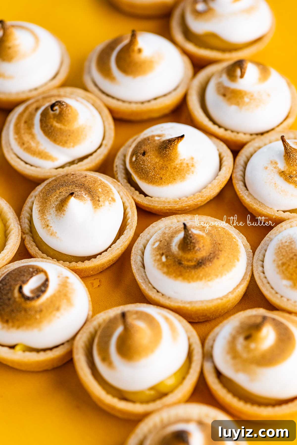 Mini Lemon Meringue Tartlets: Light, Zesty Dessert Recipe 4 Angled image of mini lemon meringue pies on a yellow background | © Beyond the Butter®