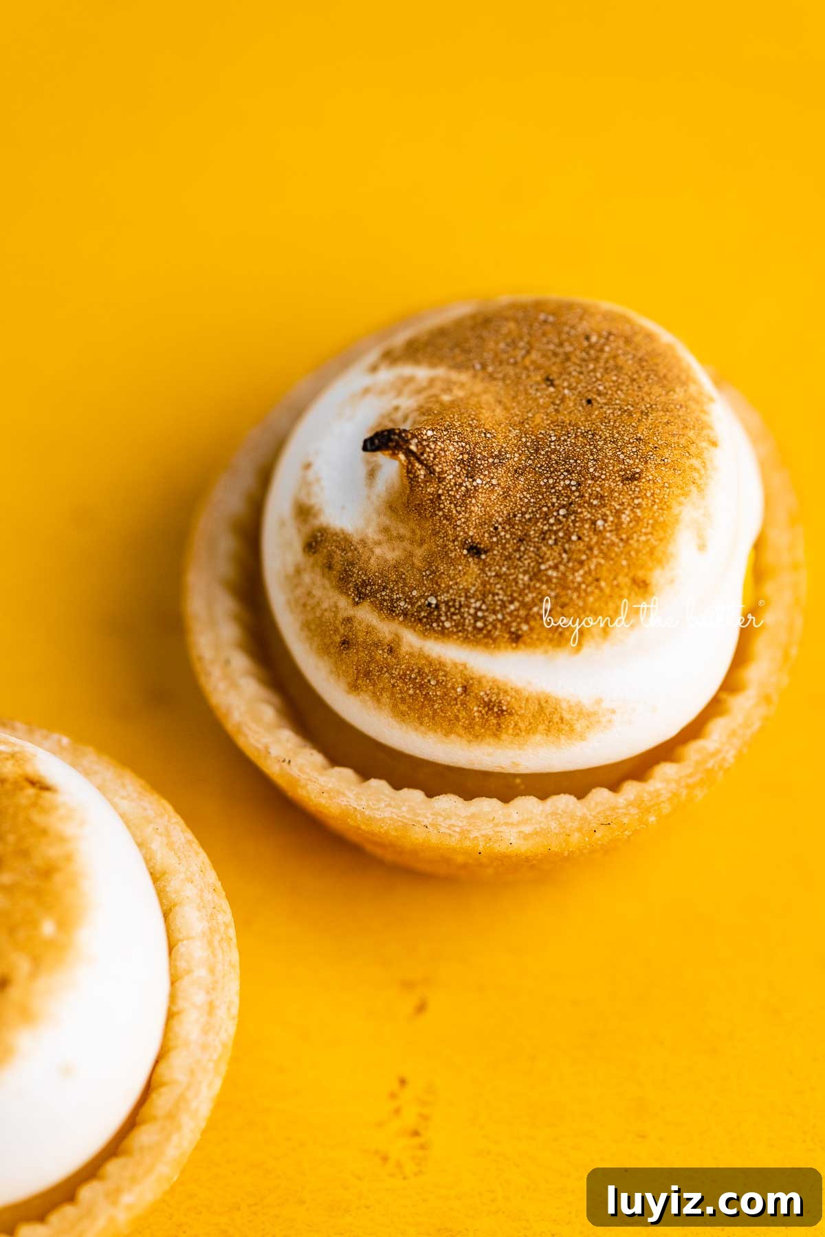 Mini Lemon Meringue Tartlets: Light, Zesty Dessert Recipe 5 Two mini lemon meringue pies on a yellow background | © Beyond the Butter®