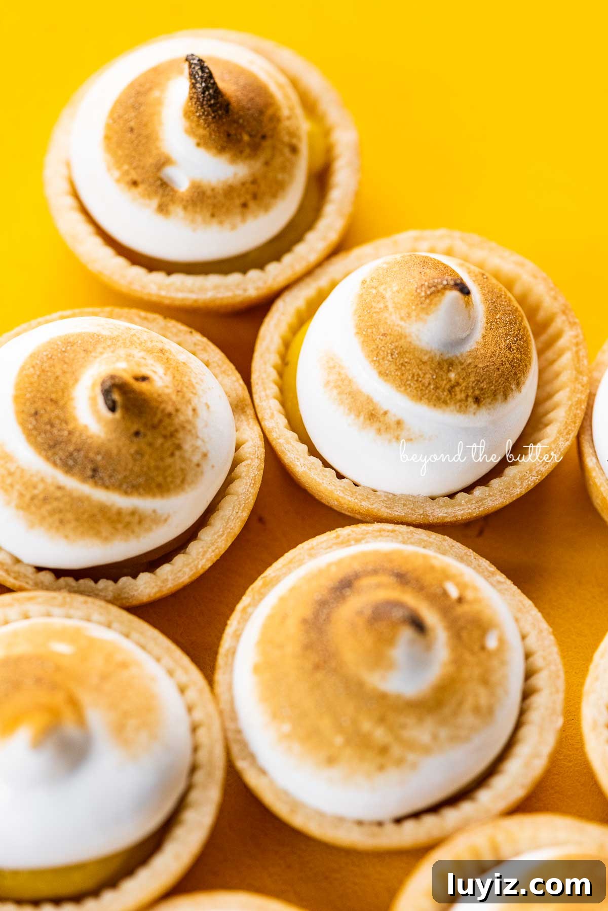 Mini Lemon Meringue Tartlets: Light, Zesty Dessert Recipe 7 Angled image of mini lemon meringue pies on a yellow background | © Beyond the Butter®