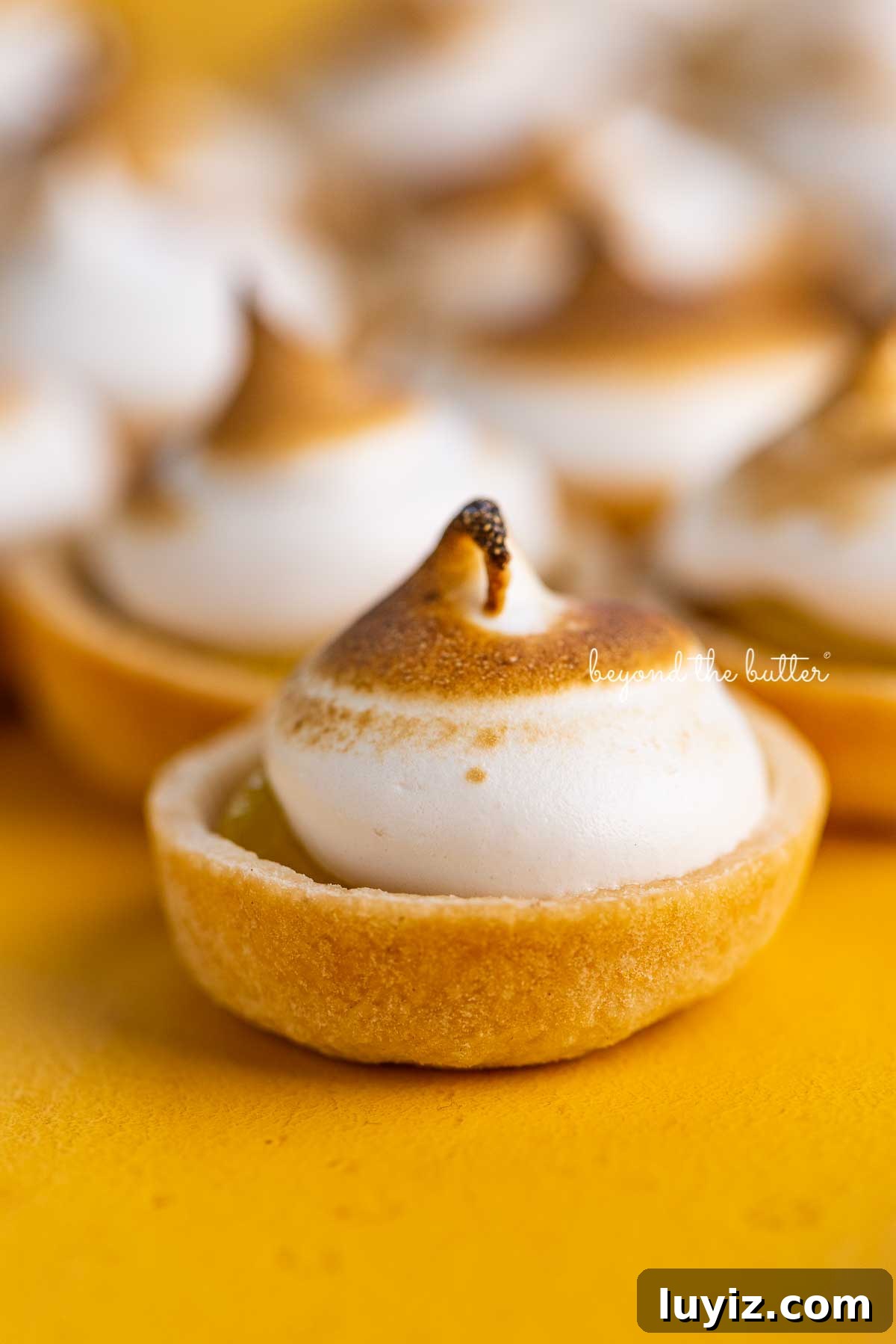 Mini Lemon Meringue Tartlets: Light, Zesty Dessert Recipe 8 Mini lemon meringue pies on a yellow background | © Beyond the Butter®