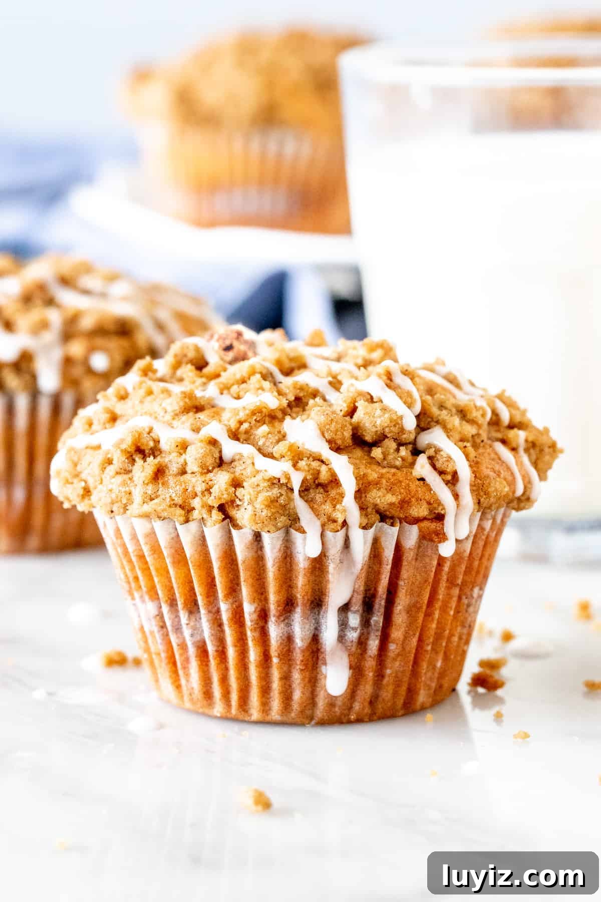 Moist Coffee Cake Muffins with Cinnamon Streusel 2 Coffee cake muffin with streusel on top and a drizzle of glaze.