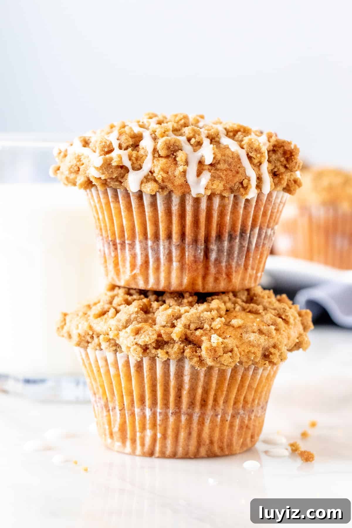 Moist Coffee Cake Muffins with Cinnamon Streusel 3 2 crumb cake muffins stacked on top of each other.