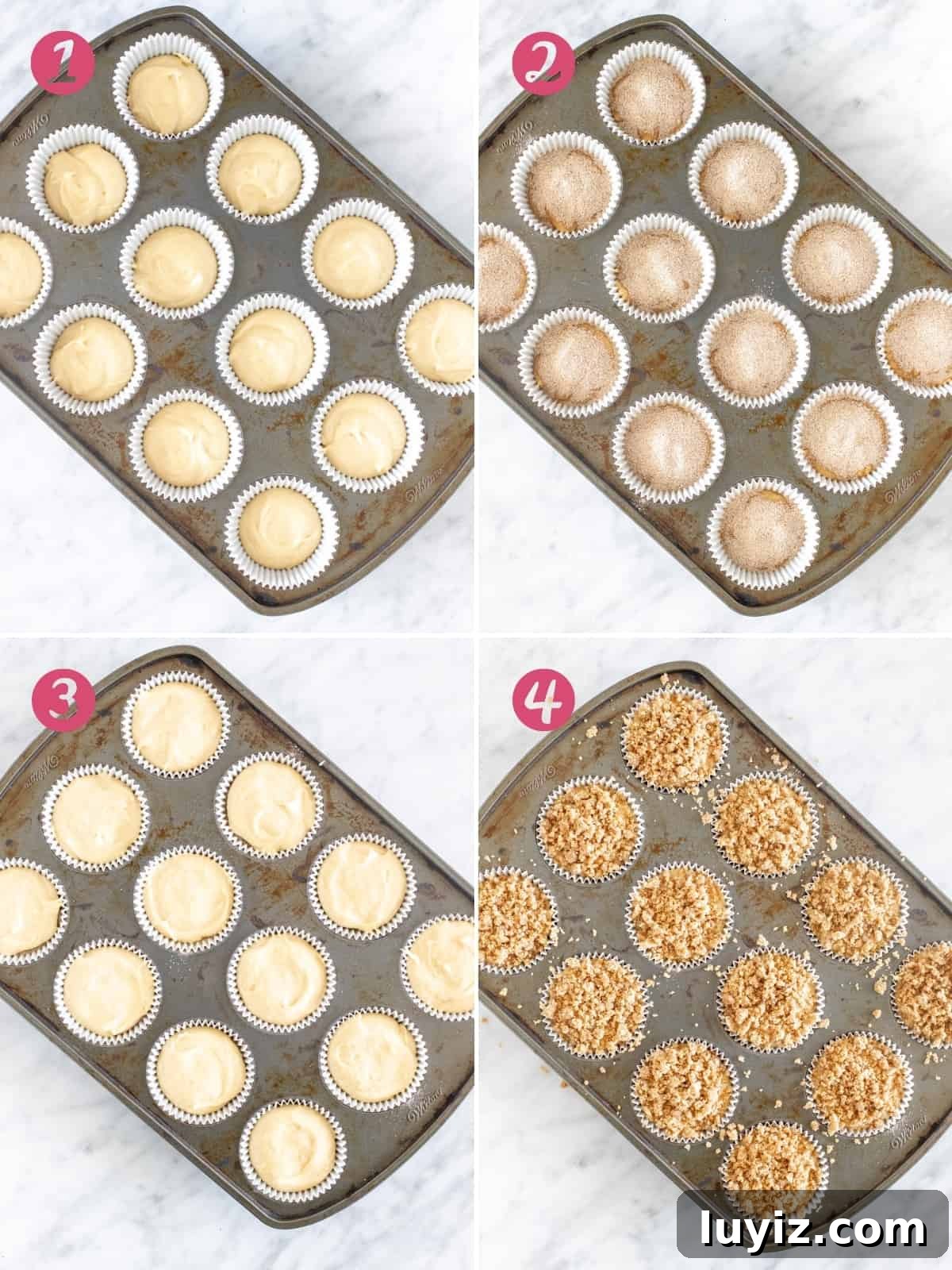 Moist Coffee Cake Muffins with Cinnamon Streusel 4 Collage of 4 photos - assembling coffee cake muffins