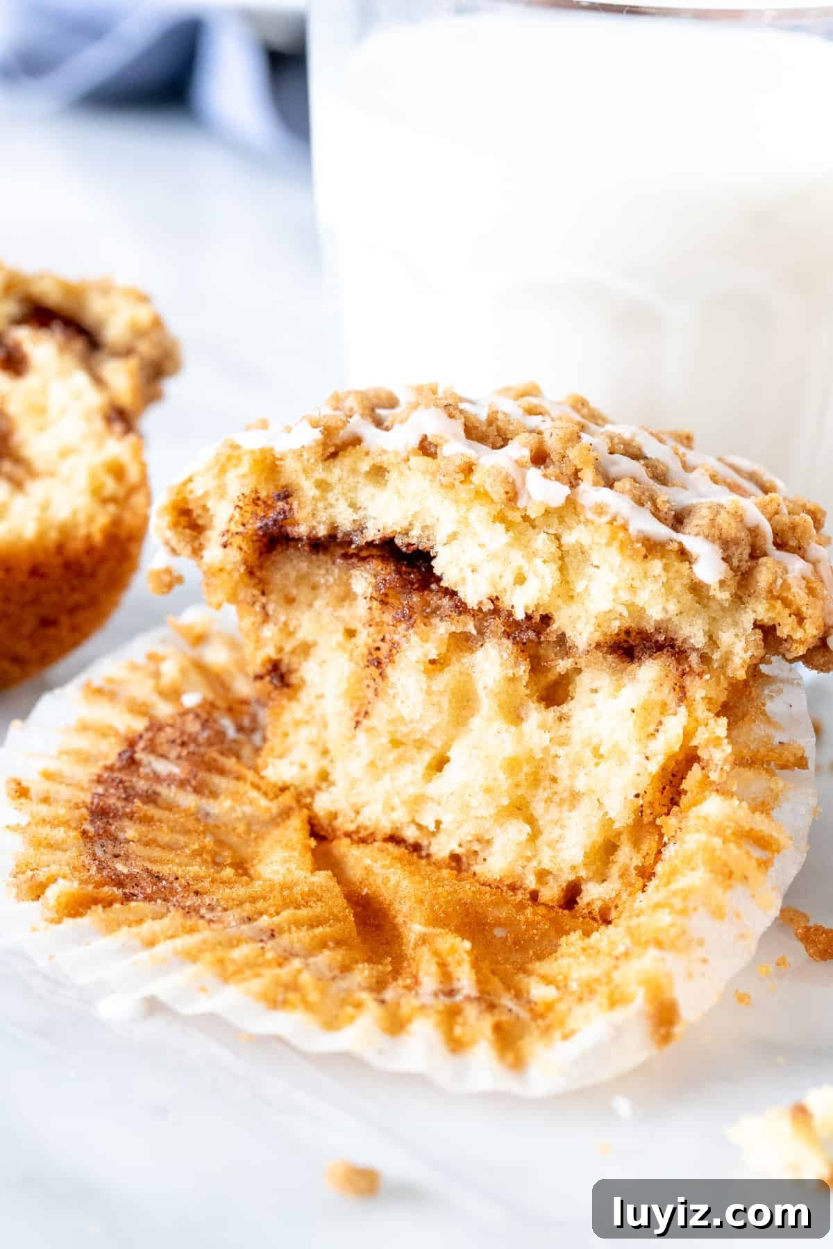 Moist Coffee Cake Muffins with Cinnamon Streusel 5 Cinnamon coffee cake muffin, broken in half with a glass of milk.