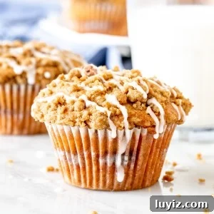 Moist Coffee Cake Muffins with Cinnamon Streusel 6 Coffee cake muffin with a glass of milk