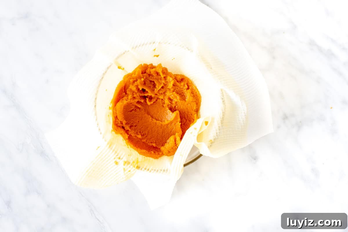 Pumpkin Cheesecake Brownies Recipe — Creamy Swirl Dessert 4 Bowl of pumpkin puree blotted with paper towel.
