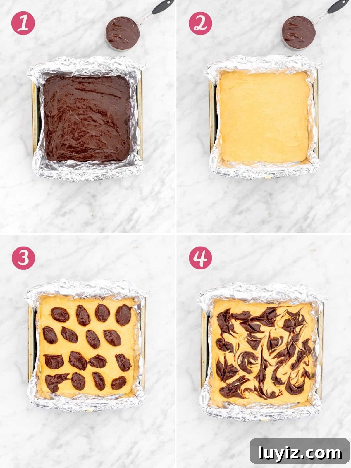Pumpkin Cheesecake Brownies Recipe — Creamy Swirl Dessert 5 Collage of 4 photos of assembling pumpkin swirl brownies