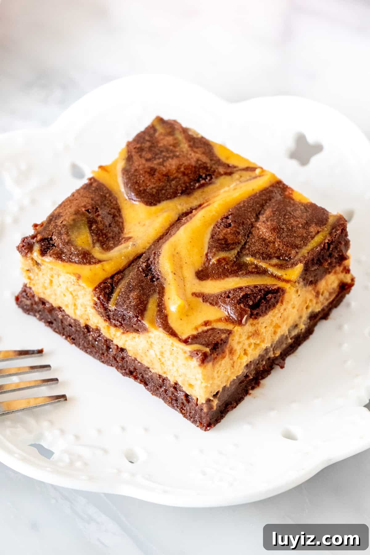 Pumpkin Cheesecake Brownies Recipe — Creamy Swirl Dessert 6 Swirled pumpkin cheesecake brownie on a plate.