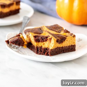 Pumpkin Cheesecake Brownies Recipe — Creamy Swirl Dessert 7 Swirled pumpkin cheesecake brownie on a plate with a bite taken out.