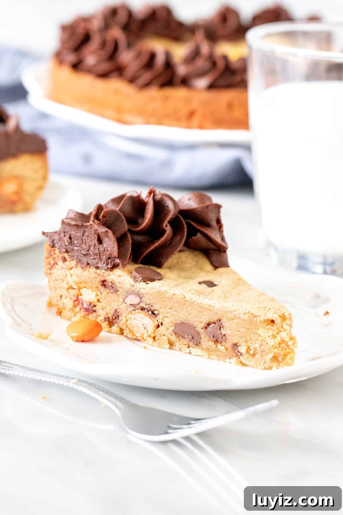 Peanut Butter Cookie Cake Recipe — Moist, Chewy & Decadent 2 Slice of peanut butter cookie cake with peanut butter frosting