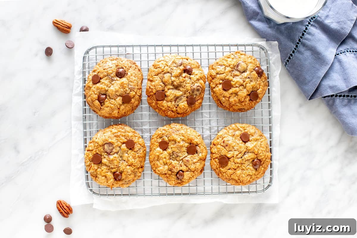 Chewy Cowboy Cookie Recipe with Oats, Chocolate & Pecans 3 6 cowboy cookies on a cooling rack