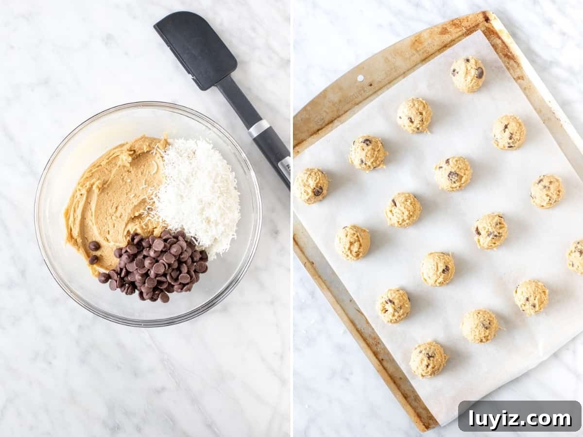 Chewy Coconut Chocolate Chip Cookies Recipe for Home Bakers 3 2 photos in a collage: bowl of cookie dough and cookie sheet with cookie dough balls
