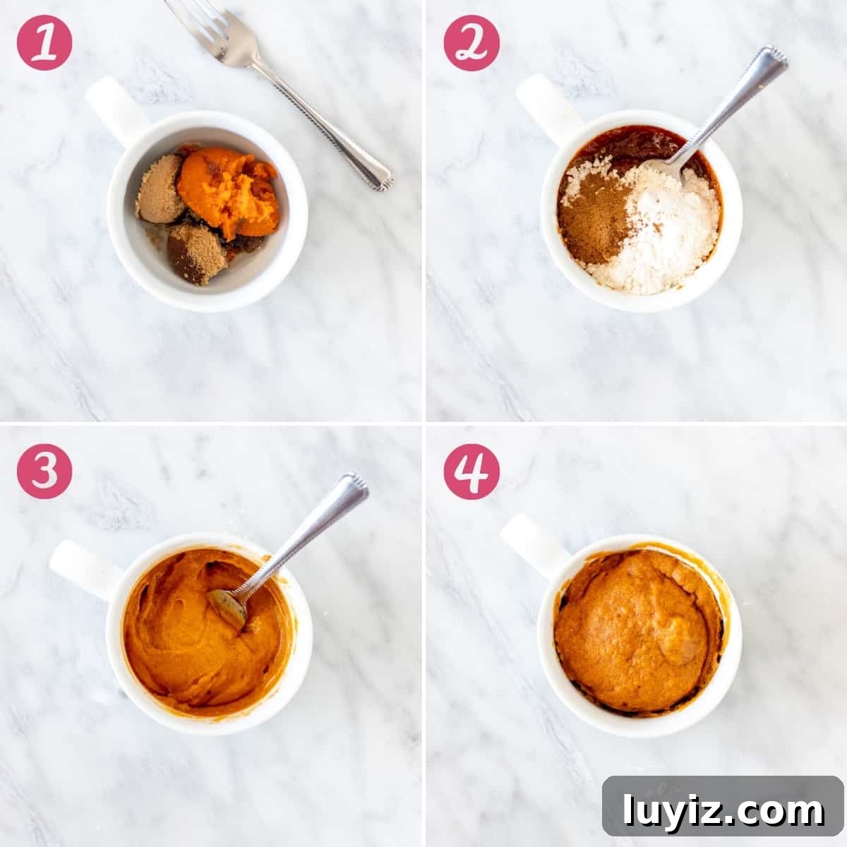 1-Minute Pumpkin Mug Cake Recipe for Moist Spiced Dessert 3 Collage of how to make a pumpkin mug cake