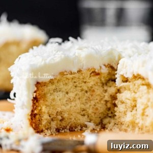 Moist Single-Layer Coconut Cake Recipe for Any Occasion 7 Sliced single layer coconut cake with black background.