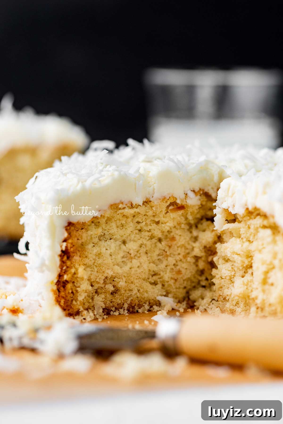 Moist Single-Layer Coconut Cake Recipe for Any Occasion 4 Sliced single layer coconut cake with black background | © Beyond the Butter®