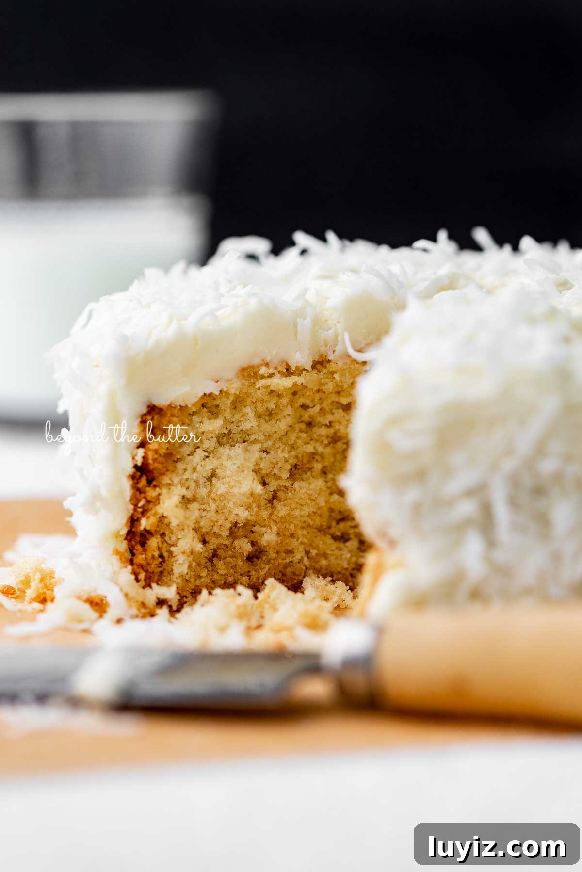 Moist Single-Layer Coconut Cake Recipe for Any Occasion 6 Sliced single layer coconut cake with black background | © Beyond the Butter®