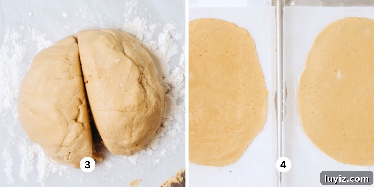 Easter Bunny Cut-Out Sugar Cookie Recipe 6 Divided cut out sugar cookie dough in two sections and two rolled out slabs of cookie dough on lightly floured sheets of parchment paper.