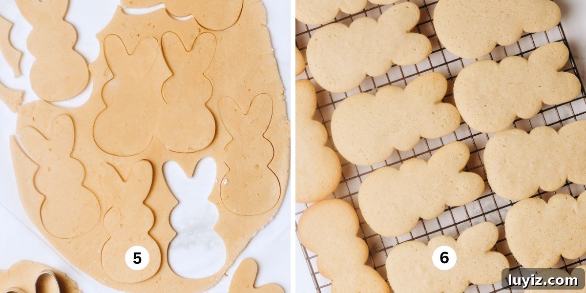 Easter Bunny Cut-Out Sugar Cookie Recipe 7 Cutting out bunny cookies using a cookie cutter and cooling just baked easter bunny cookies on a cooling rack.