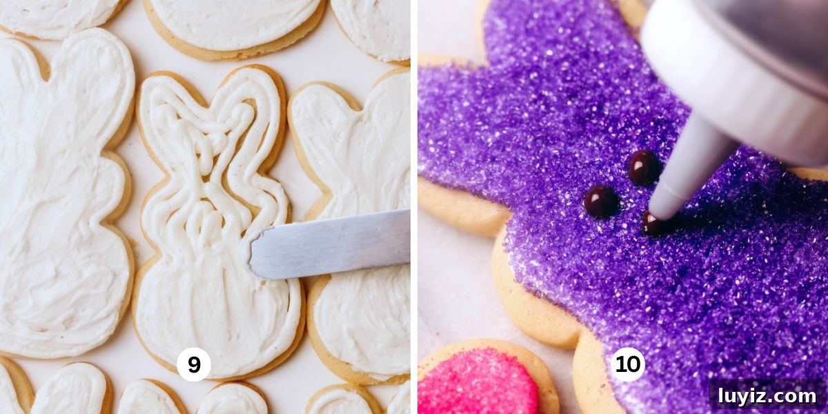 Easter Bunny Cut-Out Sugar Cookie Recipe 9 Spreading marshmallow buttercream frosting on Easter bunny shaped cut out sugar cookies, then dipping them into sanding sugar and adding chocolate eyes and a nose.