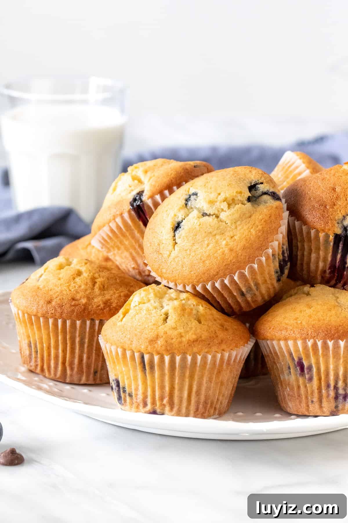 Blueberry Chocolate Chip Muffins Recipe for Moist, Flavorful Bakes 3 Plate of muffins, stacked on top of each other.