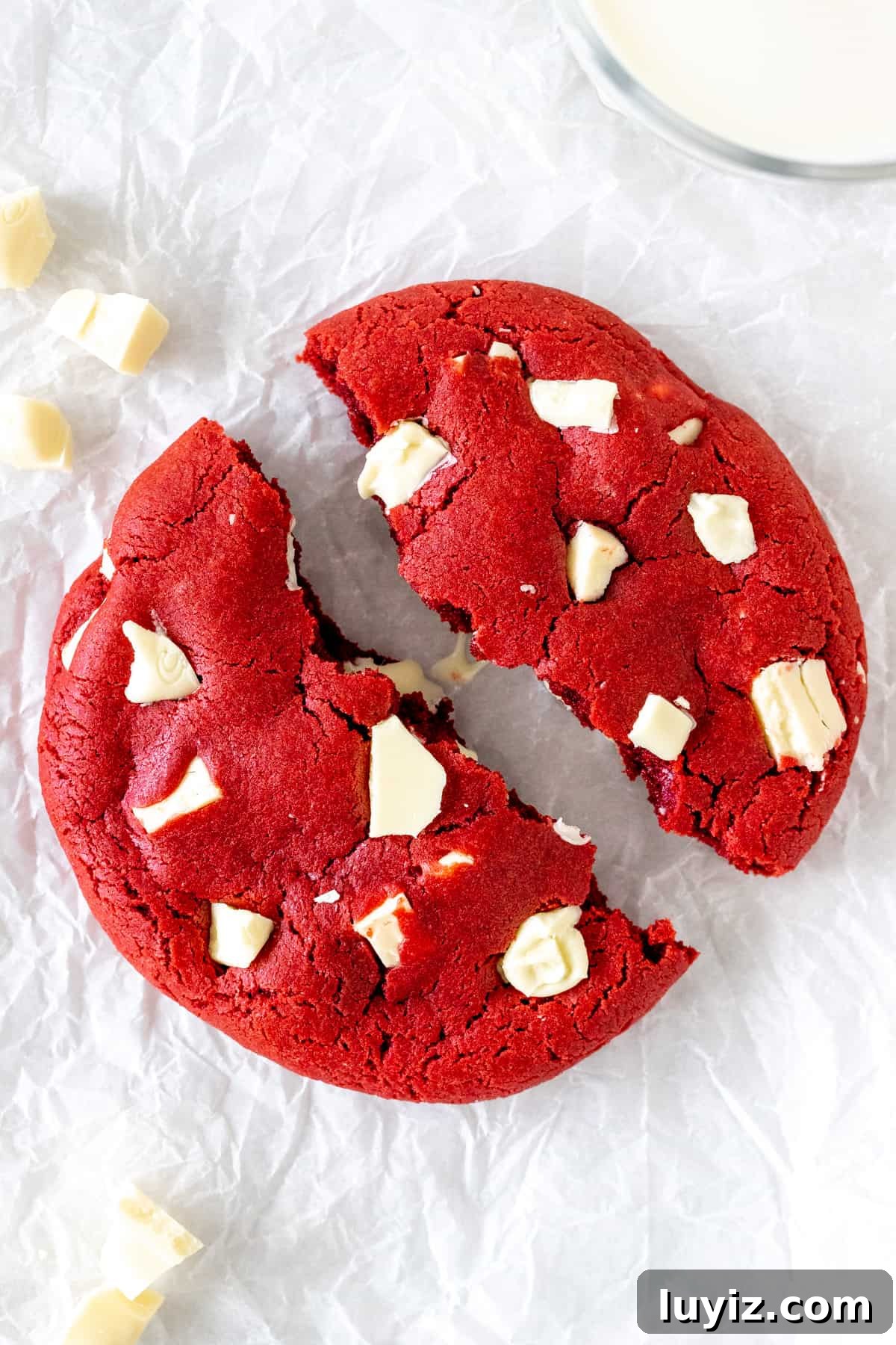 Single-Serve Red Velvet Cookie Recipe: Quick Oven or Microwave Treat 2 A red velvet cookie for one, broken in half.