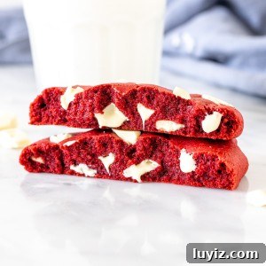 Red velvet cookie for one, broken in half