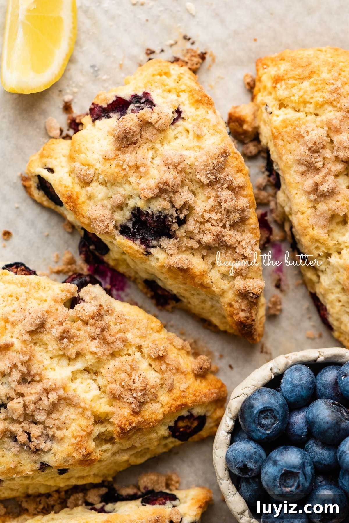 Lemon Blueberry Streusel Scones Recipe for Flaky, Berry-Packed Pastries 2 Lemon blueberry streusel scones on a parchment lined baking sheet placed next to a lemon wedge and small ceramic bowl of blueberries.