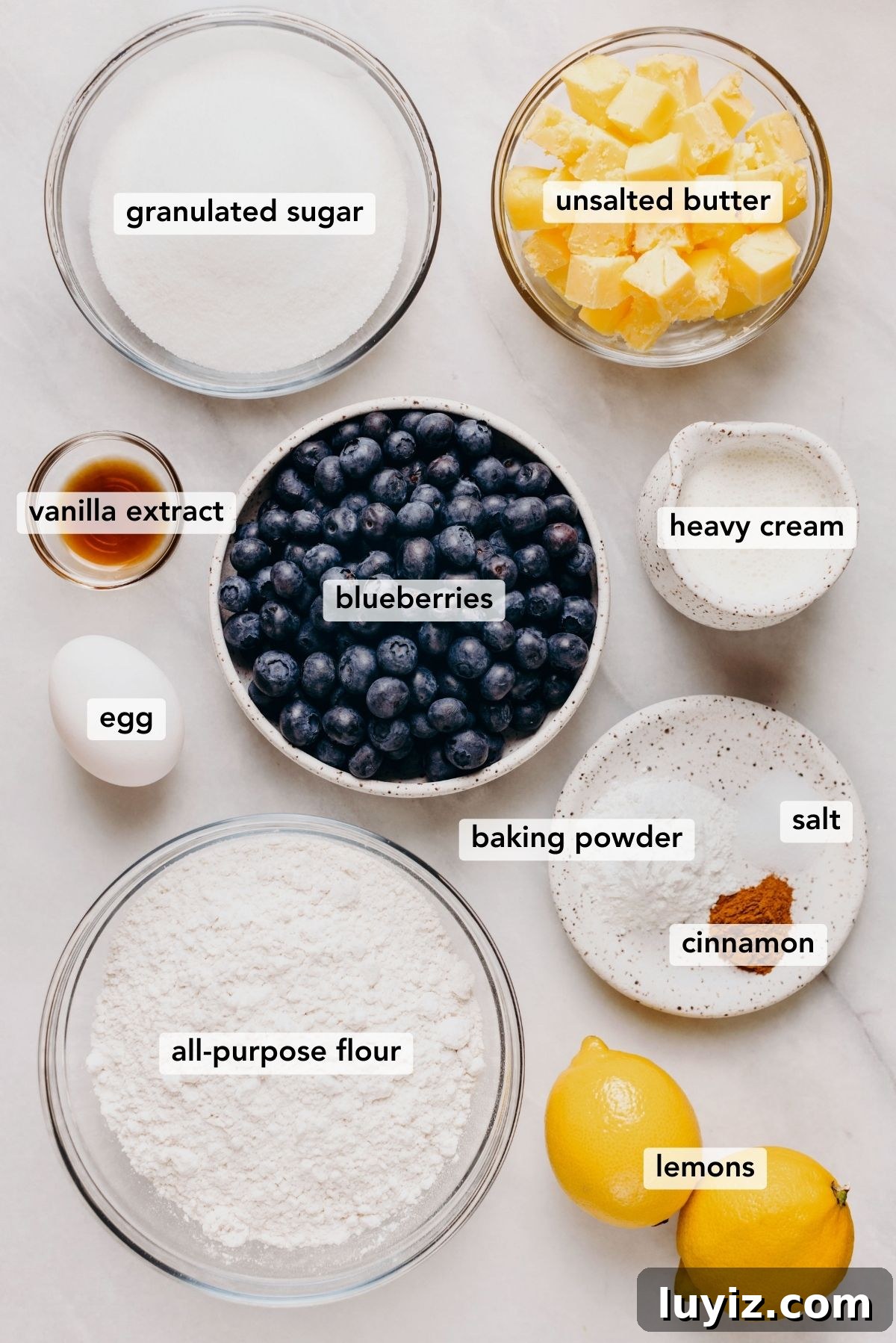 Lemon Blueberry Streusel Scones Recipe for Flaky, Berry-Packed Pastries 4 Ingredients in various size bowls labeled as granulated sugar, unsalted butter, vanilla extract, blueberries, heavy cream, egg, baking powder, salt, cinnamon, all-purpose flour, and lemons on a white marbled background.