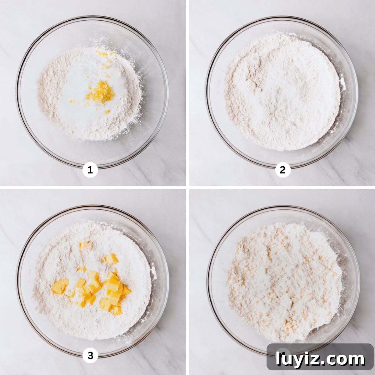 Lemon Blueberry Streusel Scones Recipe for Flaky, Berry-Packed Pastries 6 Mixing the dry ingredients together in a glass mixing bowl then adding in the cubed cold butter mixing until fully combined.