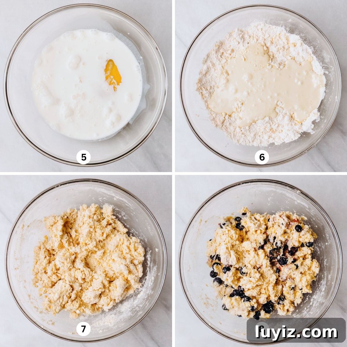 Lemon Blueberry Streusel Scones Recipe for Flaky, Berry-Packed Pastries 7 Whisking wet ingredients together in a glass bowl until fully combined then adding it to the dry ingredients along with fresh blueberries.