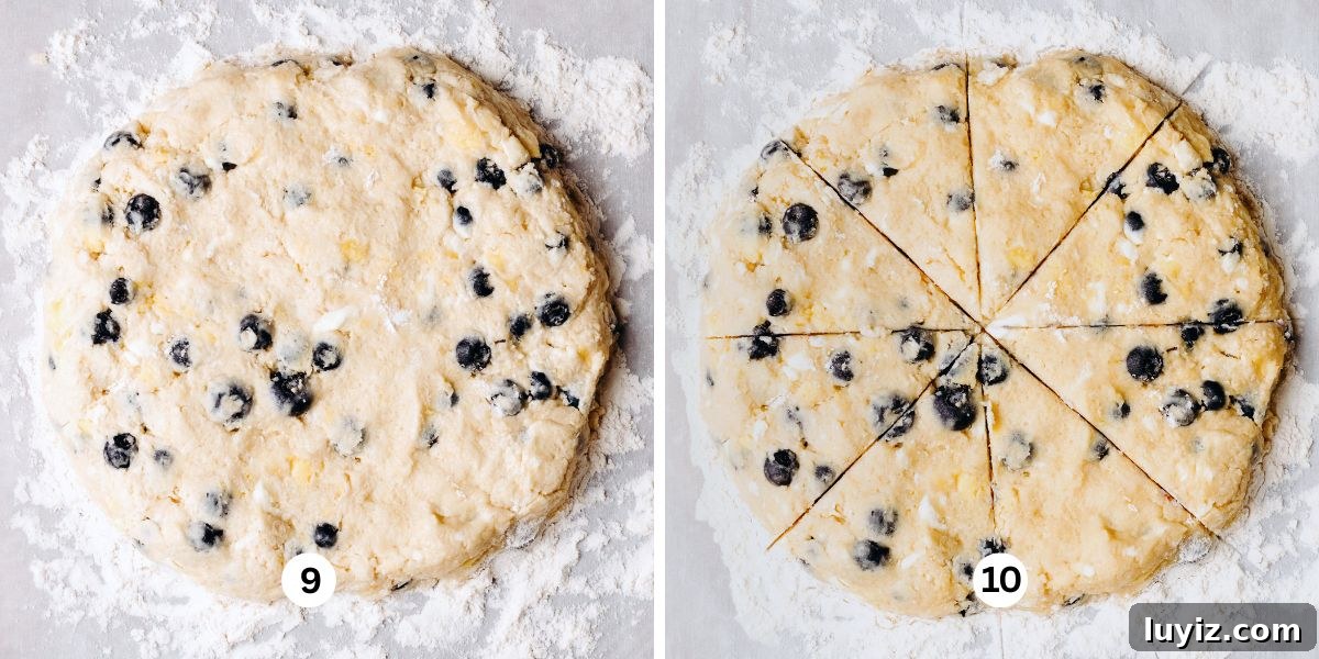 Lemon Blueberry Streusel Scones Recipe for Flaky, Berry-Packed Pastries 8 Shaping lemon blueberry scones into a circle 7 inches in diameter then cutting into 8 equally sized triangles on a white flour coated background.