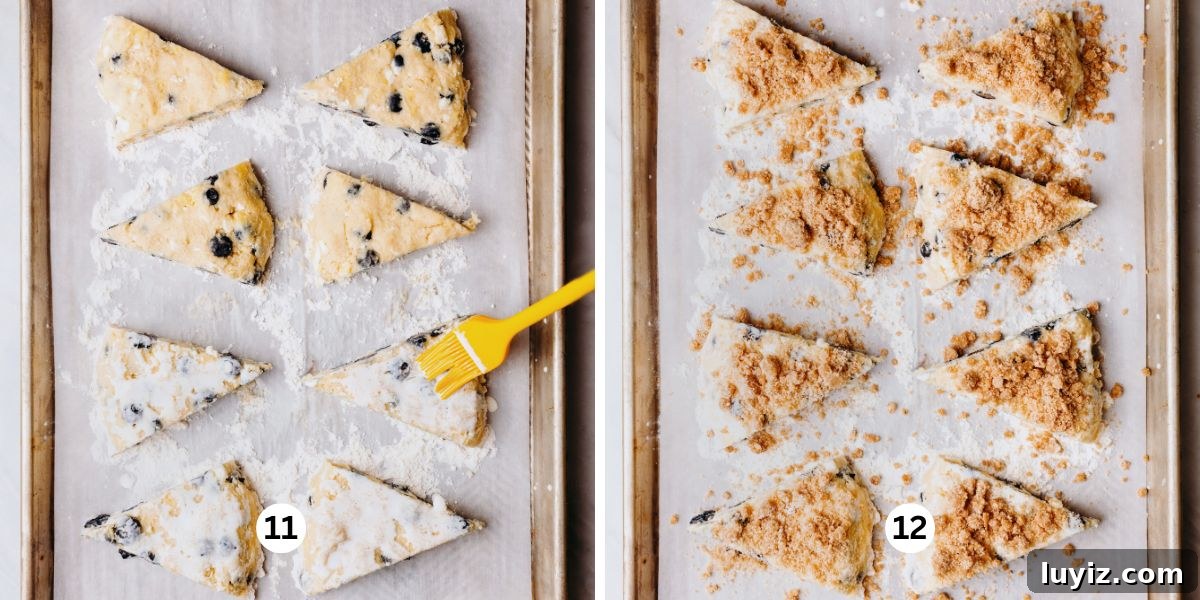 Lemon Blueberry Streusel Scones Recipe for Flaky, Berry-Packed Pastries 9 Brushing each lemon blueberry scone with a milk wash then topping with cinnamon sugar streusel on a floured, parchment paper lined baking sheet.