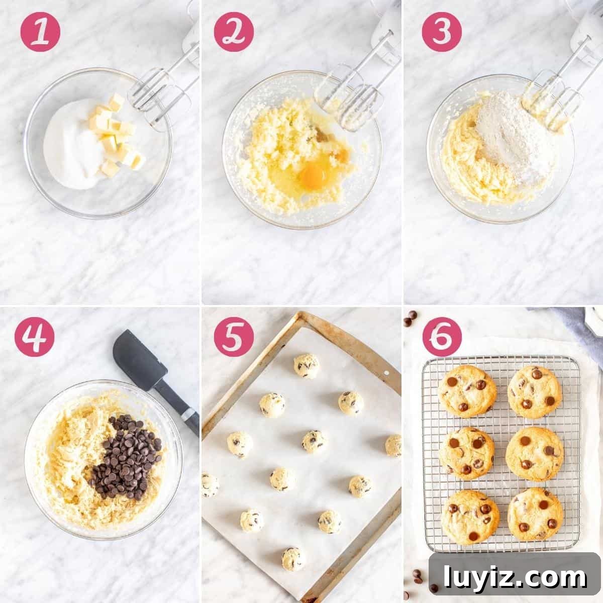 Chewy Chocolate Chip Cookies Made Without Brown Sugar 4 Collage of 6 step-by-step photos making chocolate chip cookies
